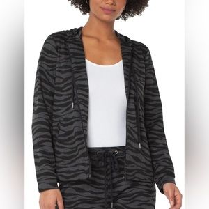 NWOT Liverpool Zip Up Hoodie Jacket in Black/Grey Zebra Print L